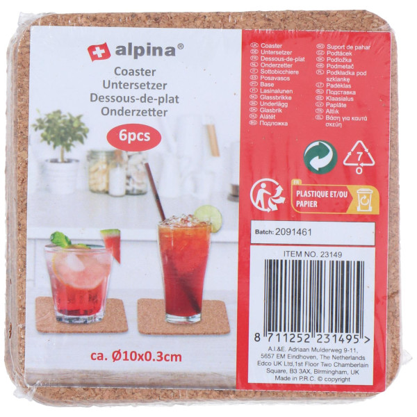 Alpina onderzetters kurk 6 st. Ø10cm