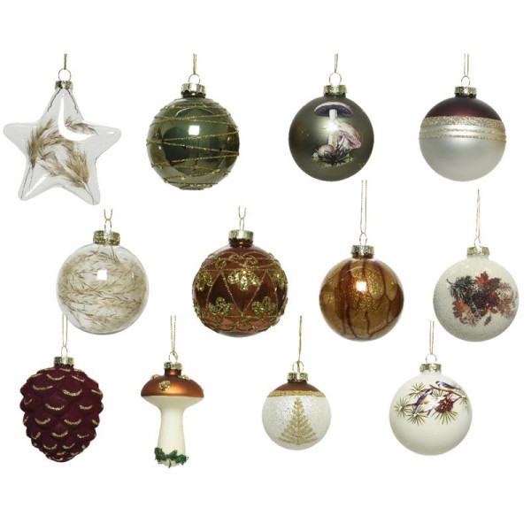 Kerstballen mix glas 12 stuks natuur