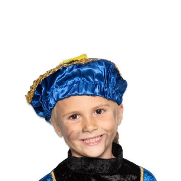 Pietenbaret satijn met veer blauw